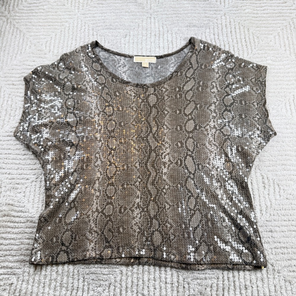 Michael Kors Snake Sequin Top Women's Medium Brown Tan Glam Mob Wife Chic Work